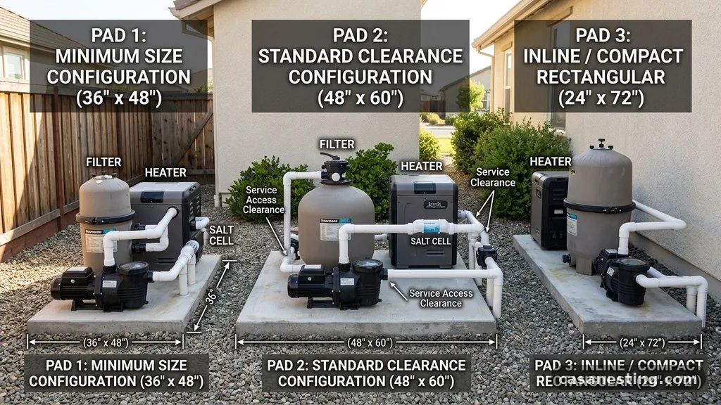 Comparison of Pad Sizes for Different Configurations - Minimum Size Concrete Equipment Pad for Pump, Filter, Heater & Salt Cell